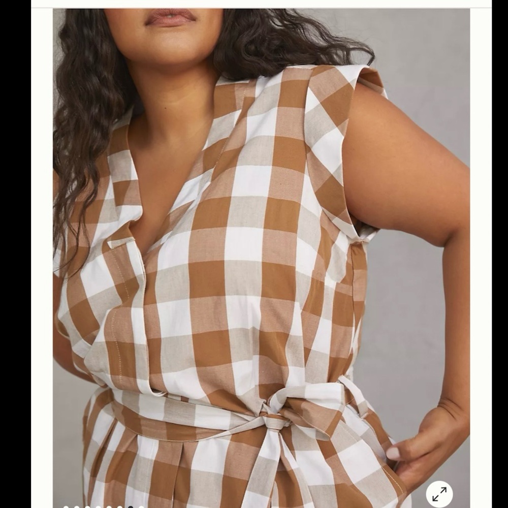 Anthropologie Tan and White Gingham Belted Romper - Picture 7 of 13